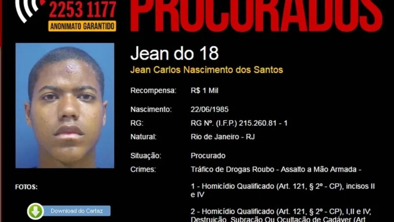Jean atualmente seria líder da venda de drogas no Morro do 18, e segundo a polícia, já havia sido '01' do Novo México