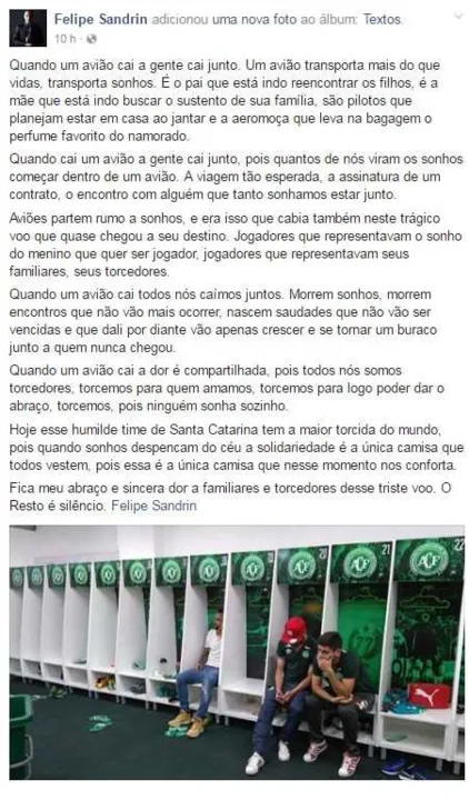 Postagem de Felipe Sandrin no Facebook