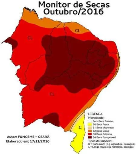 Mapa mostra a seca afetando a Região Nordeste do Brasil