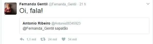 Desde que assumiu a relação com a namorada Priscila Montandon, Fernanda Gentil tem enfrentado comentários homofóbicos em suas redes sociais. Mas não deixa barato. Na última segunda-feira, a jornalista rebateu com classe, bom humor e uma dose de ironia um seguidor que a chamou de "sapatão" no Twitter: "Oi, fala"", escreveu. 