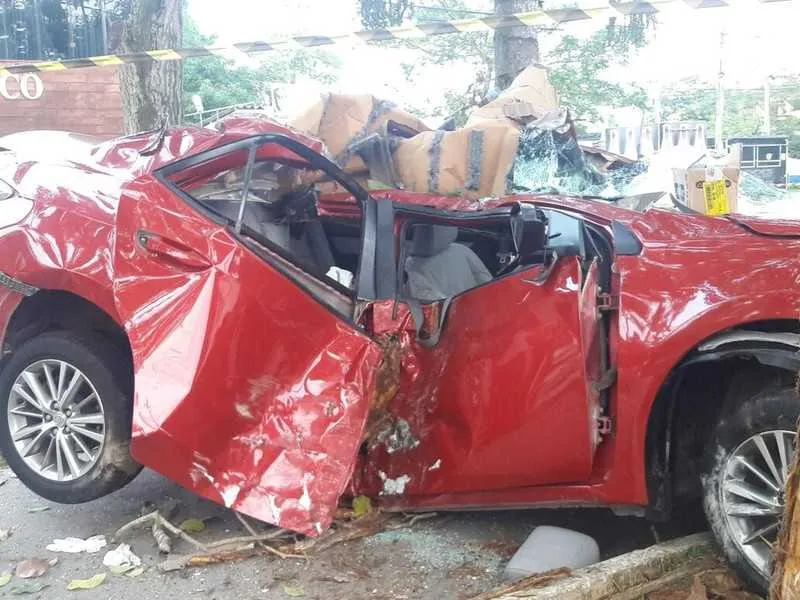 Desgovernado, Toyota Corola bateu contra uma árvore e ficou completamente destruído