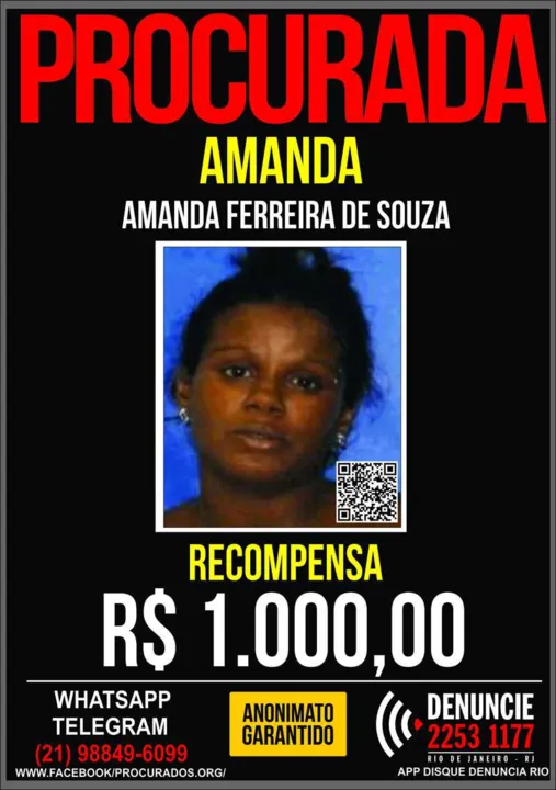 Recompensa pela prisão de amanda é de R$ 1 mil  