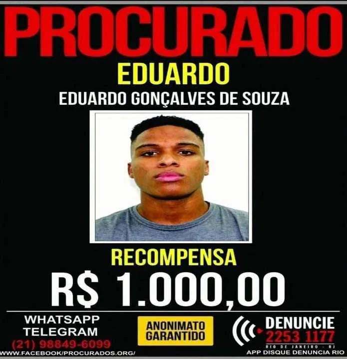 
O Portal dos Procurados do Disque-Denúncia divulgou cartaz oferecendo recompensa de R$ 1 mil
