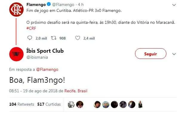 Nem o pior time do mundo, o Íbis, perdoou o Rubro-Negro em seu Twitter