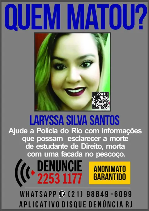 Portal dos Procurados pede informações sobre identidade do assassino da estudante de Direito, morta com uma facada no pescoço 