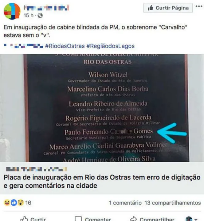 Segundo a Prefeitura, a placa foi substituída no mesmo dia da inauguração, assim que o erro foi identificado