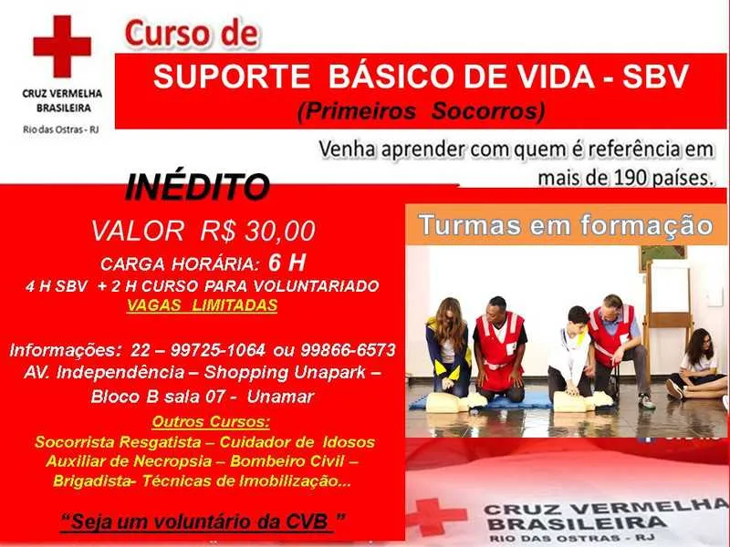 O curso tem 6h de duração (4h de SBV + 2h de voluntariado) e terá início às 10h. 