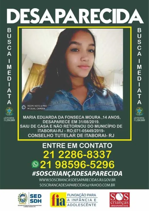 Maria Eduarda da Fonseca Moura, de 14 anos, está desaparecida