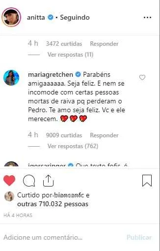 Comentário de Gretchen chamou a atenção na rede social 