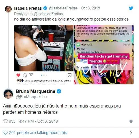 Isabela publicou provas de uma possível traição do rapper Travis Scott 