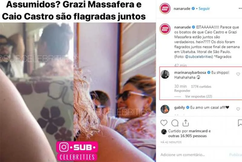 Foto divulgada do casal junto e o comentário de Marina Ruy Barbosa em apoio ao novo casal 
