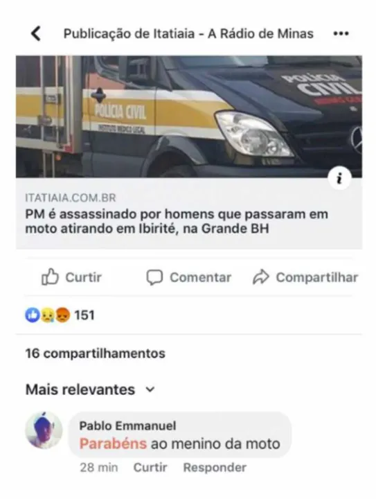Imagem ilustrativa da imagem Professor é preso após comemorar morte de PM no Facebook
