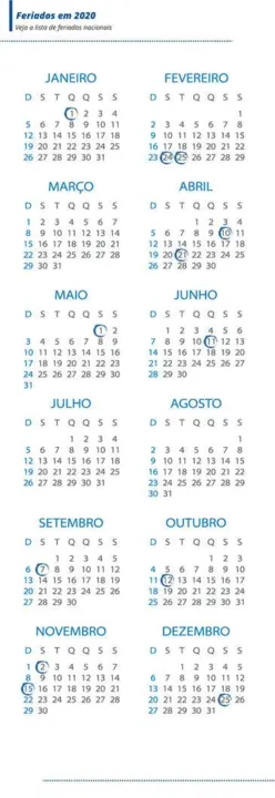 Dos 12 feriados nacionais, 11 caem em dias de semana 