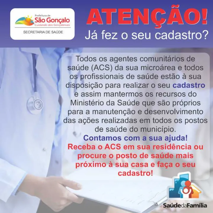 
Para se cadastrar basta ir à unidade de saúde mais próxima ou ainda receber, em sua residência, o agente comunitário da sua região