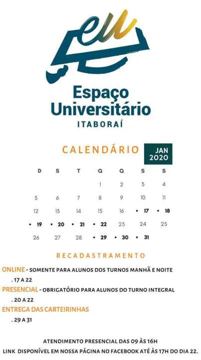 O recadastro ocorrerá através do link disponibilizado na página oficial do facebook do EU, a partir das 18h do dia 17