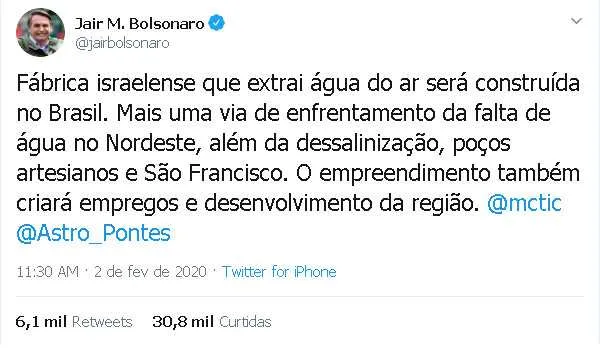 Imagem ilustrativa da imagem Bolsonaro anuncia fábrica “que extraí água do ar”