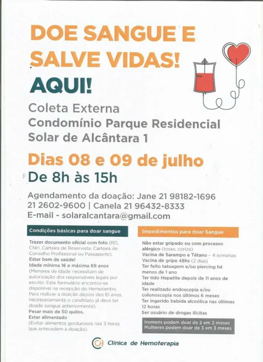 A doação de sangue ocorrerá nos dias 8 e 9 de julho no Alcântara 1 