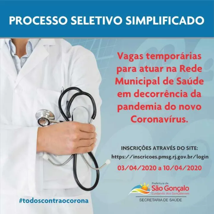 Imagem ilustrativa da imagem São Gonçalo abre seleção para contratação de profissionais da Saúde