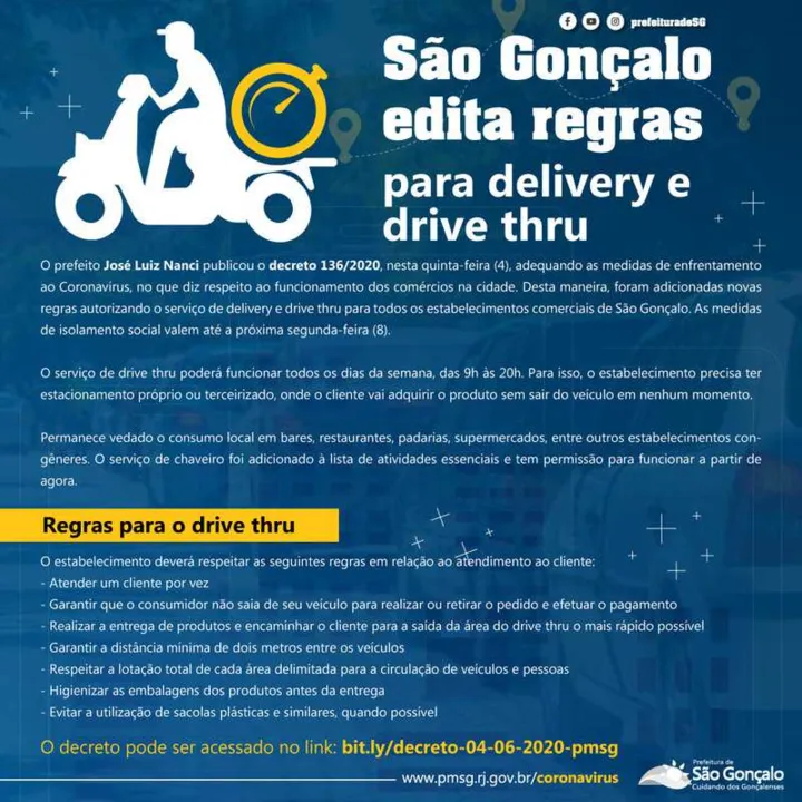 Imagem ilustrativa da imagem São Gonçalo edita regras para delivery e drive thru