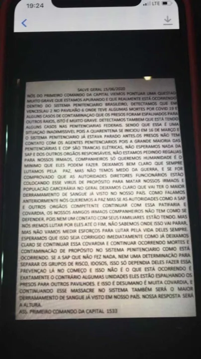 Imagem ilustrativa da imagem PCC divulga manifesto ameaçando autoridades do sistema prisional