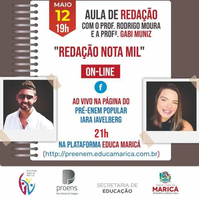 Nesta terça-feira, dia 12/05, acontecem a terceira e a quarta aulas do Pré Enem