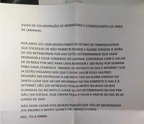 O comunicado veio assinado por "CV a Firma"