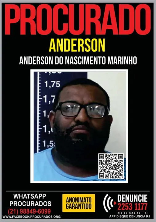 O Portal dos Procurados divulgou neste sábado (20), um cartaz para ajudar com informações que levem à captura do miliciano Anderson do Nascimento Marinho, o Thor, de 44 anos