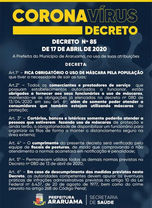 
Para garantir o cumprimento do decreto, a equipe de fiscais de posturas estará apta para notificar e penalizar as empresas que descumprirem o presente documento