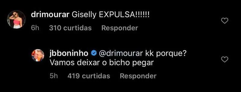 Boninho responde usuário que pede expulsão de Gizelly